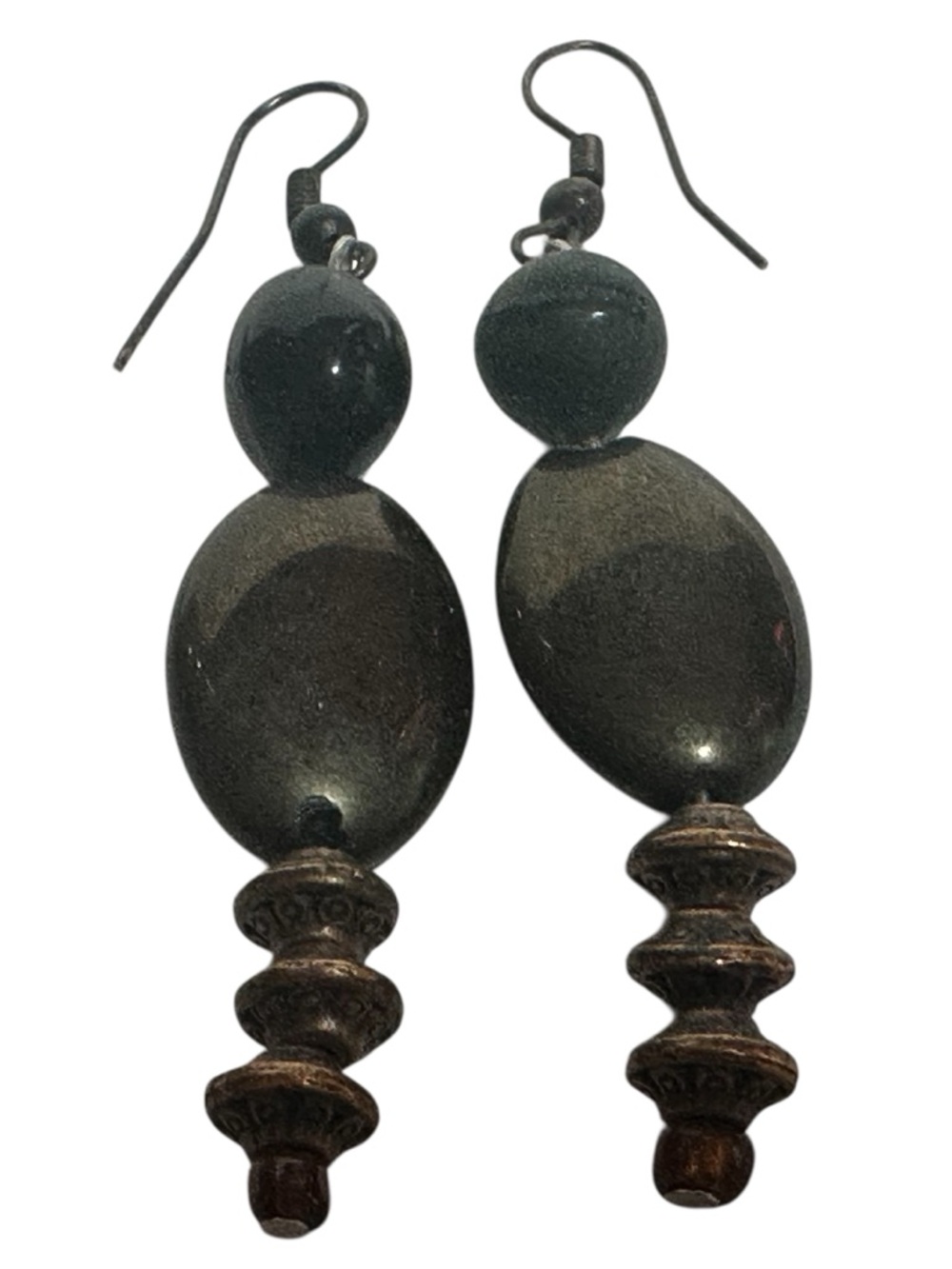 Earthy Boho Beaded Dangle Earrings Decorative Metal Amber Tone Seed Bead Hippie
